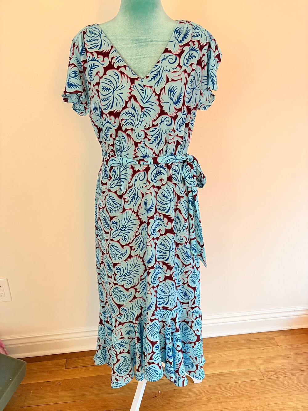 J. Crew Size 2 Tall Blue Floral V-Neck Midi Dress Ruffle Hem high low Boho